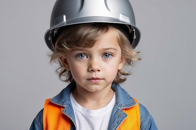 Photo young child wearing an silver hard hat