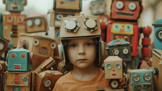 Young Child with Cardboard Robot Mask Among Toys