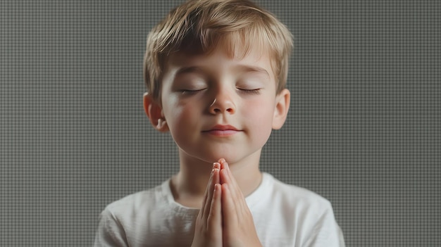 Photo young child with closed eyes and hands in prayer position reflecting serenity and innocence in a calm indoor setting