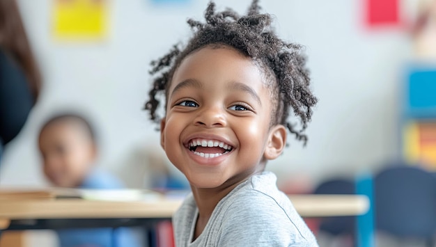 A young child with curly hair is smiling and laughing in a classroom