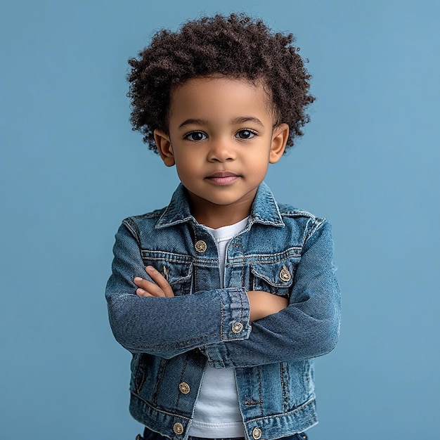 a young child with his arms crossed and wearing a denim jacket