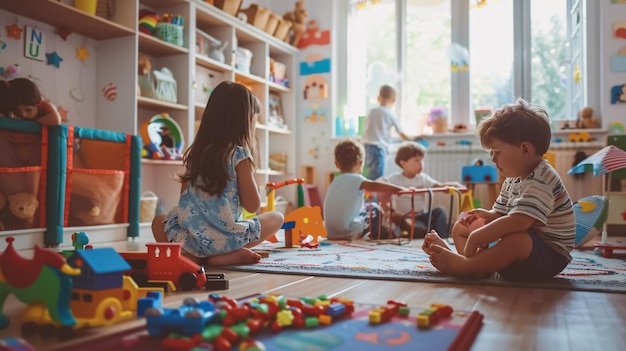 Photo young children enjoying in the playroom