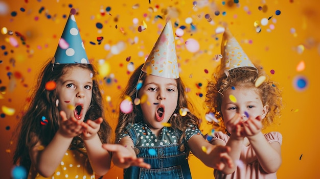 Photo young children in party hats are blowing colorful confetti towards the camera against a vibrant orange background