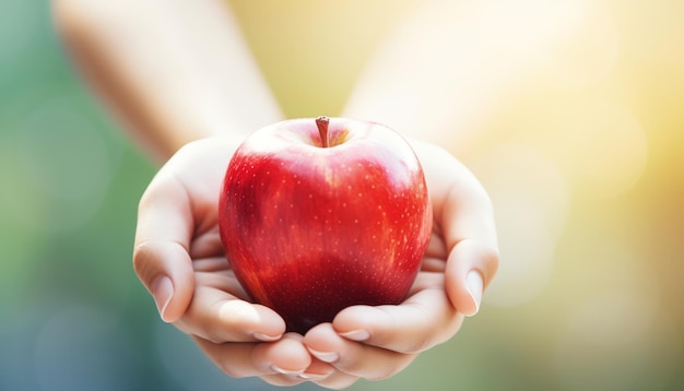 Young childs fingers delicately grasping ripe red apple from vibrant apple tree in idyllic orchard