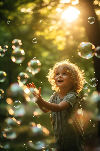 Young childs joyful reaction catching bubbles in a park surrounded by greenery and sunlight