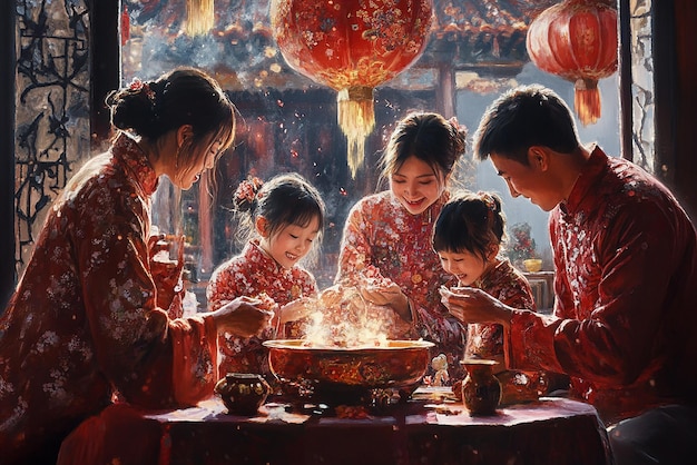 Photo young chinese family celebrating chinese new year together