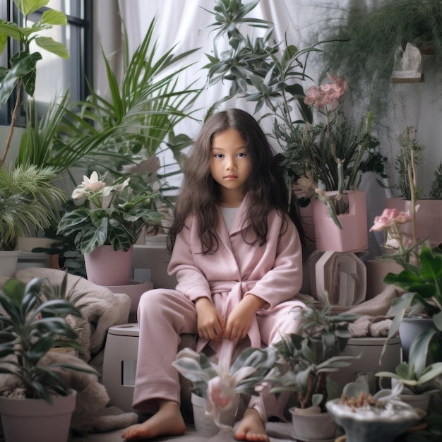 A young Chinese girl 6 wearing pink pajamas stands in a gray room surrounded by numerous plants