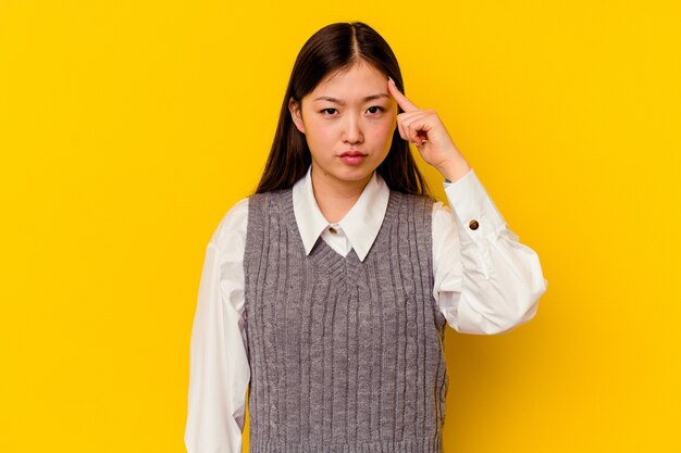 Young chinese woman isolated on yellow background pointing temple with finger, thinking, focused on a task.