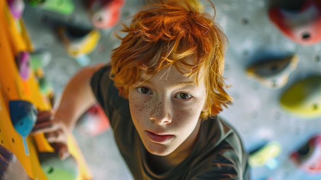 Photo a young climber with red hair is scaling a colorful indoor climbing wall