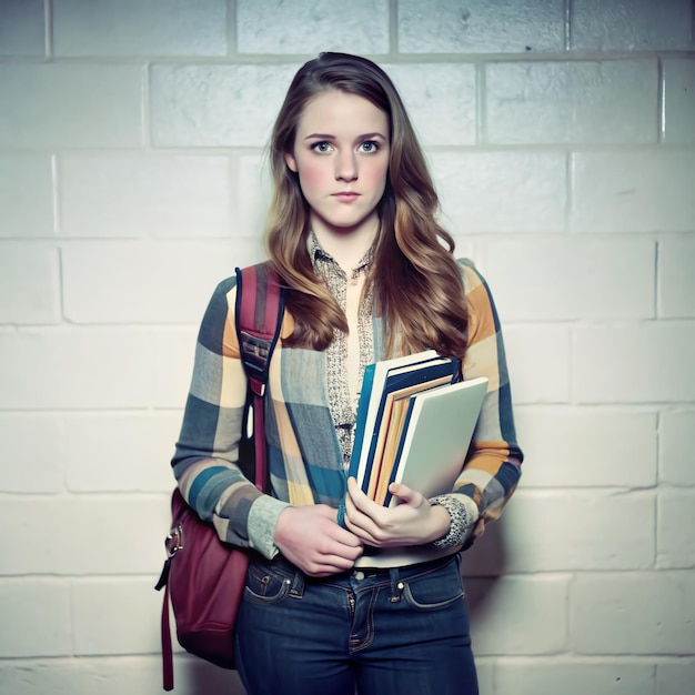 Photo a young college girl arms full of books and files navigating through her packed day of classes