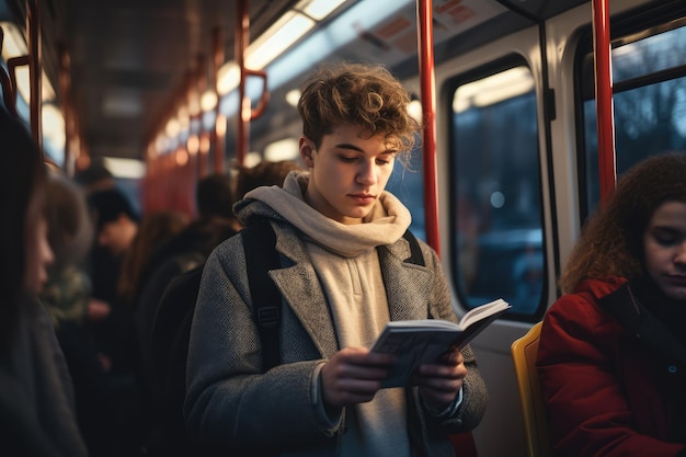 Young college male student reading a book in a subway train wearing a coat and scarf