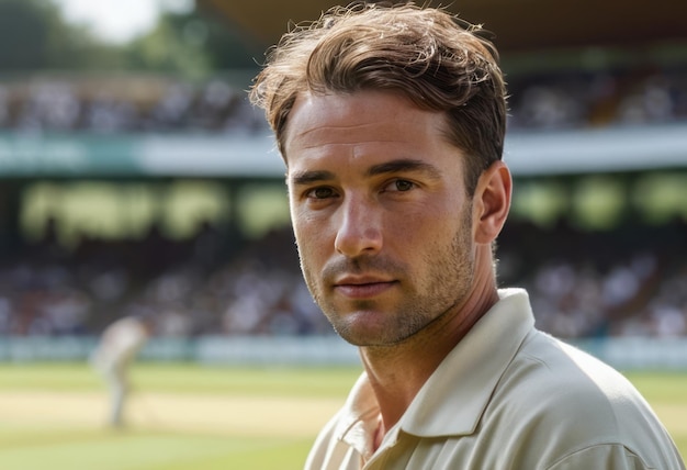 A young confident male cricketer posing on the field his posture is relaxed yet assured ready for