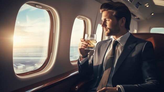 A young confident man a businessman wearing a suit and tie holds a glass with a drink and looks out the window of a private plane at sunset