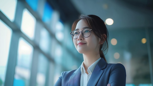 Young confident smiling Asian businesswoman wearing suit standing in office