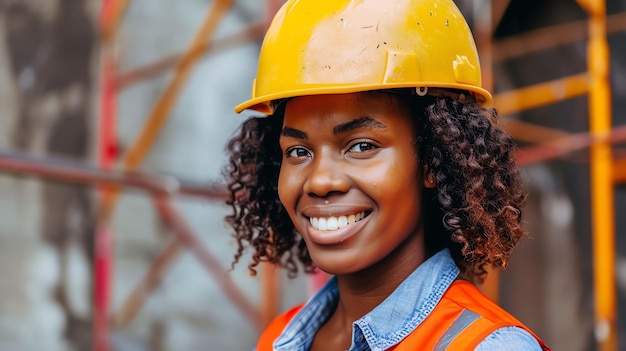 A young construction worker wearing a hard hat and a reflective vest smiles at the camera She is sta