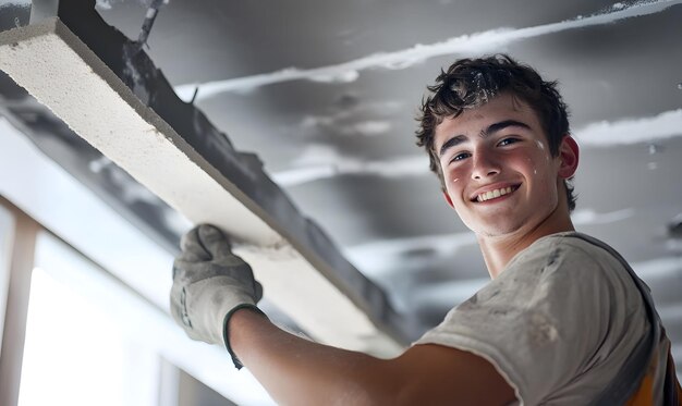 Photo young construction worker working on drywall installing ceiling