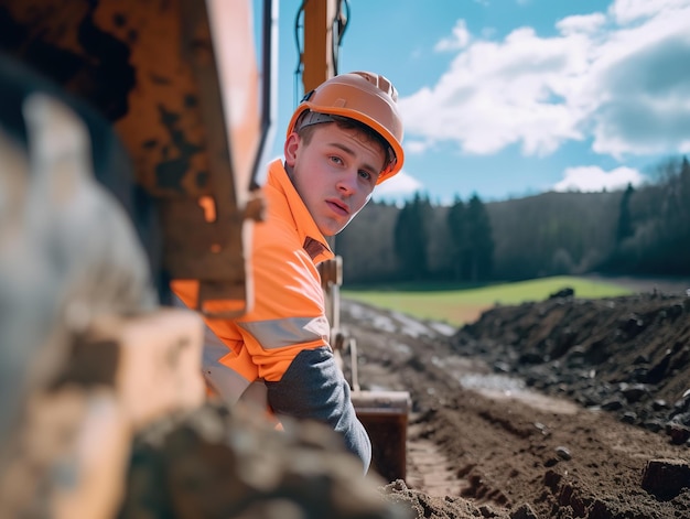 young construction worker working on road and look back