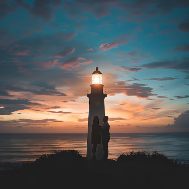 A young couple about to get engaged in front of a lighthouse at sunset