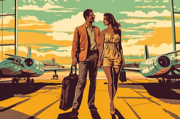 Young couple at the airport Conceptual artwork on holidays and travel