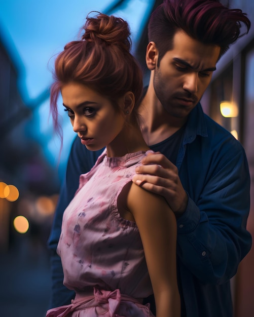 Young couple in busy street