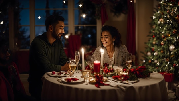 Young couple celebrating christmas at home sitting at the dining table