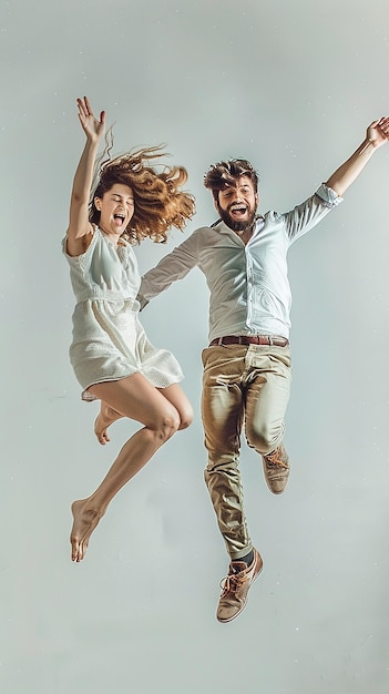 Young couple celebrating Happy active stylish man and woman jumping together isolated