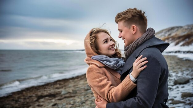 Young couple of the cold baltic sea