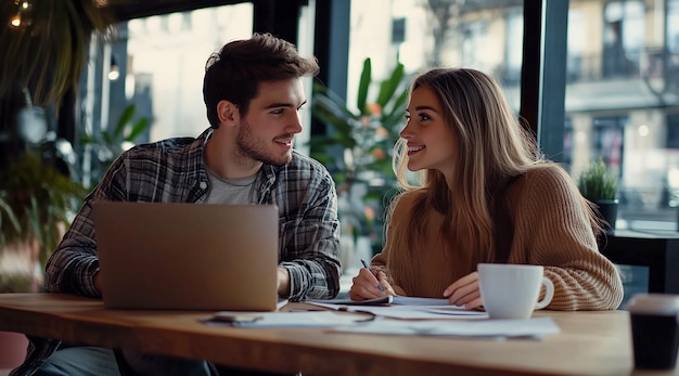 Young Couple Collaborating on Business Research in a Modern Office