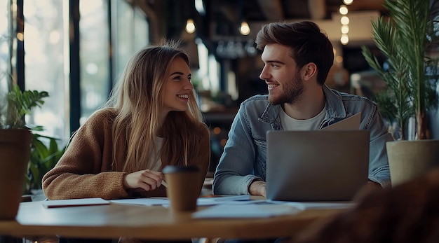 Young Couple Collaborating on Business Research in a Modern Office