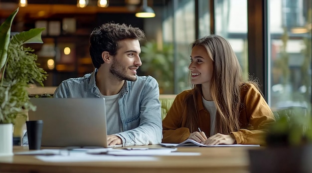 Young Couple Collaborating on Business Research in a Modern Office