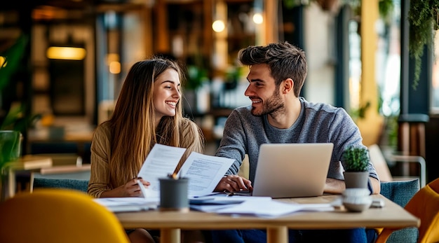 Young Couple Collaborating on Business Research in a Modern Office