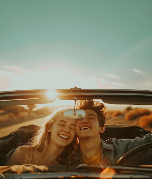 Photo young couple in convertible car on road trip man and woman having fun together