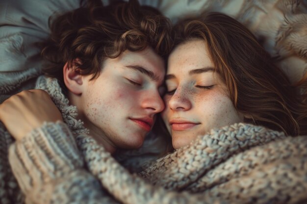 Young couple cuddles in a warm bed peacefully asleep and showing love They seem calm and connected savoring a sweet moment together