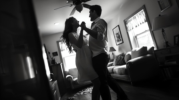 Young couple dancing in the living room The man is holding the womans hand and they are smiling at each other