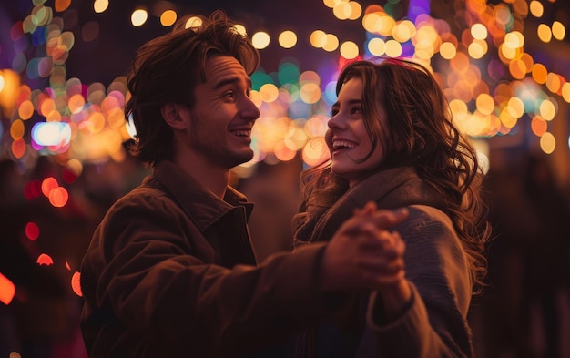 Young Couple Dancing At Night In Front Of Festive Lights