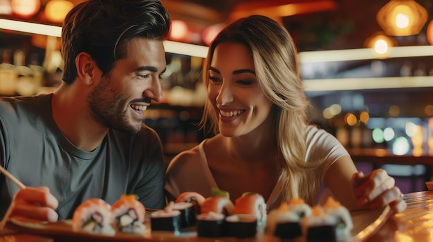 Young couple on a date at a sushi restaurant They are smiling and laughing and the woman is holding a piece of sushi with her chopsticks