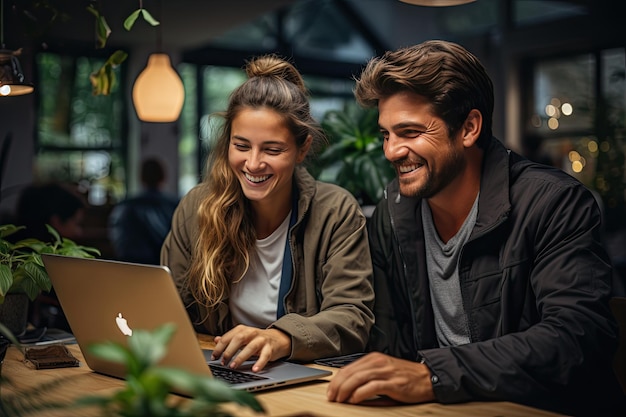 Young couple debates finance with determination between smiles papers and laptop generative IA