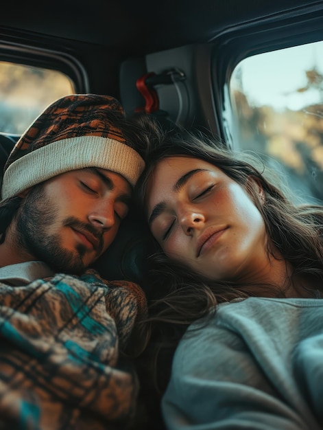 Photo young couple dozing off during a road trip