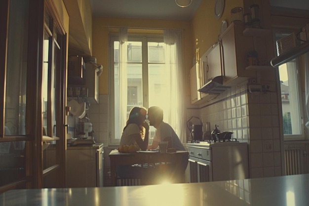 Young couple eating breakfast in the kitchen