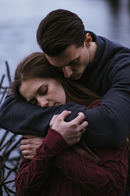 a young couple embrace in water for a portrait next to lake in the style of gloomy maroon