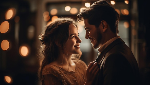 Young couple embracing outdoors enjoying nightlife together generated by AI