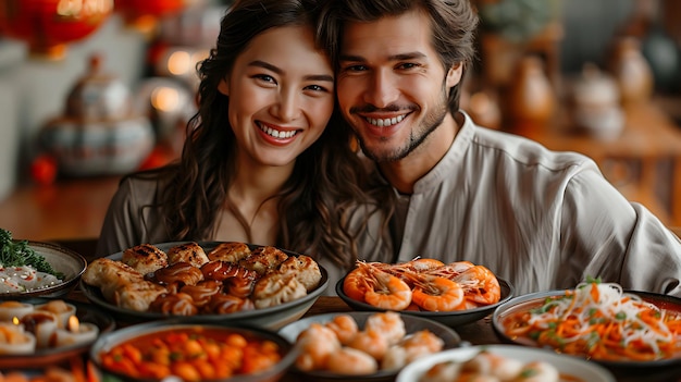 Young couple enjoying a Chinese New Year dinner with traditional dishes