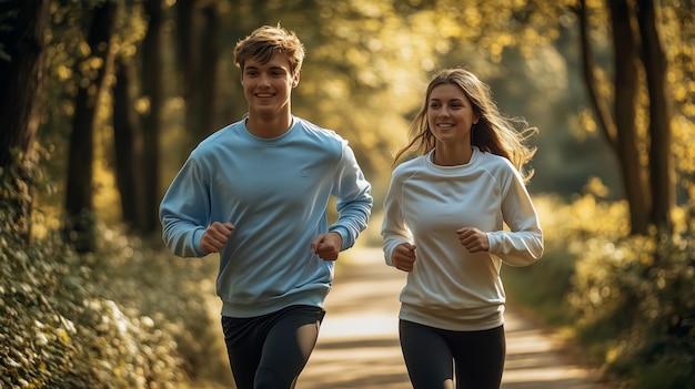 Photo young couple enjoying a motivating outdoor run in the autumn woods staying active and fit together