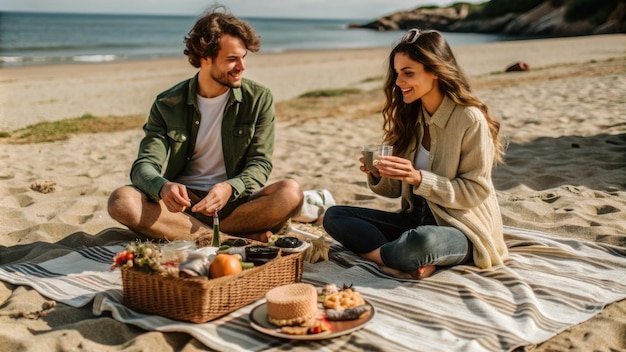 Photo young couple enjoying a romantic beach picnic generative ai