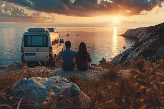 Photo young couple enjoying a sunset by the sea next to their camper van