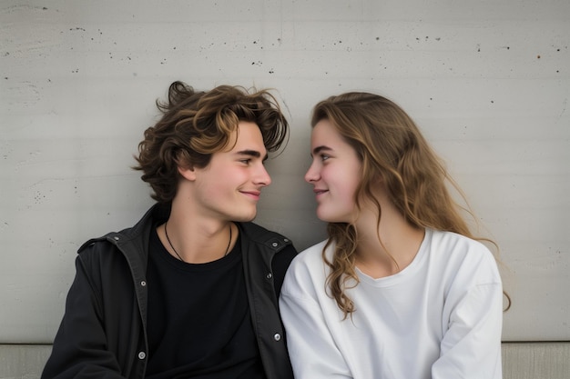 Young couple exchanging tender glances against a concrete background