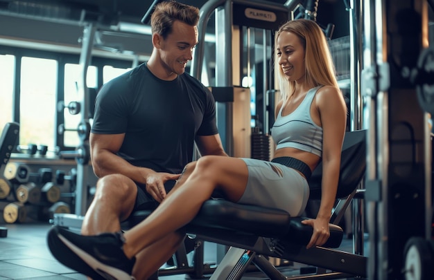 Young couple exercising in gym together