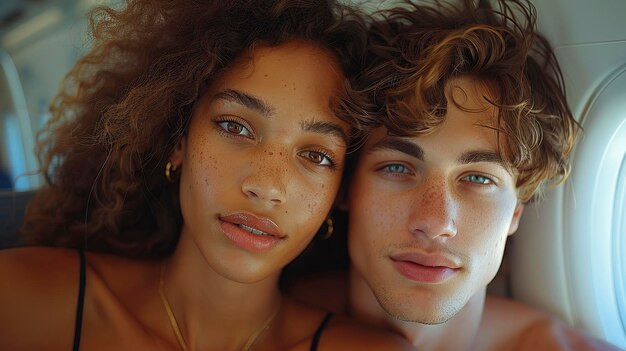 A young couple eyes sparkling with excitement sits on a plane eagerly anticipating their vacation