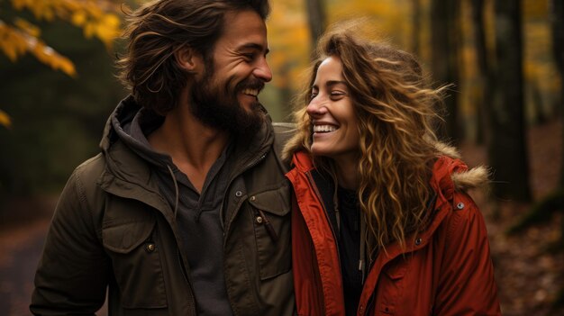 Young couple going on a forest trip on an autumn day