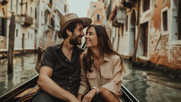 A young couple in a gondola on the canals of Venice Italy